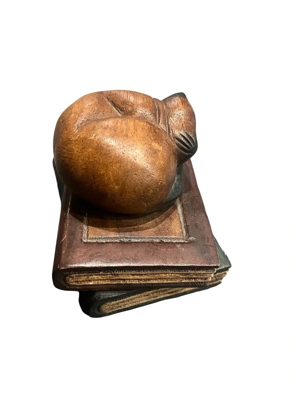 Carved Wooden Cat On Books Folk Art Thailand